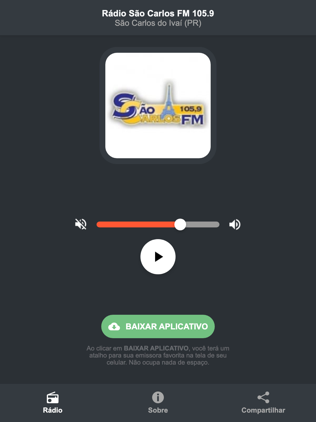 Screenshot do aplicativo da Rádio São Carlos FM 105.9