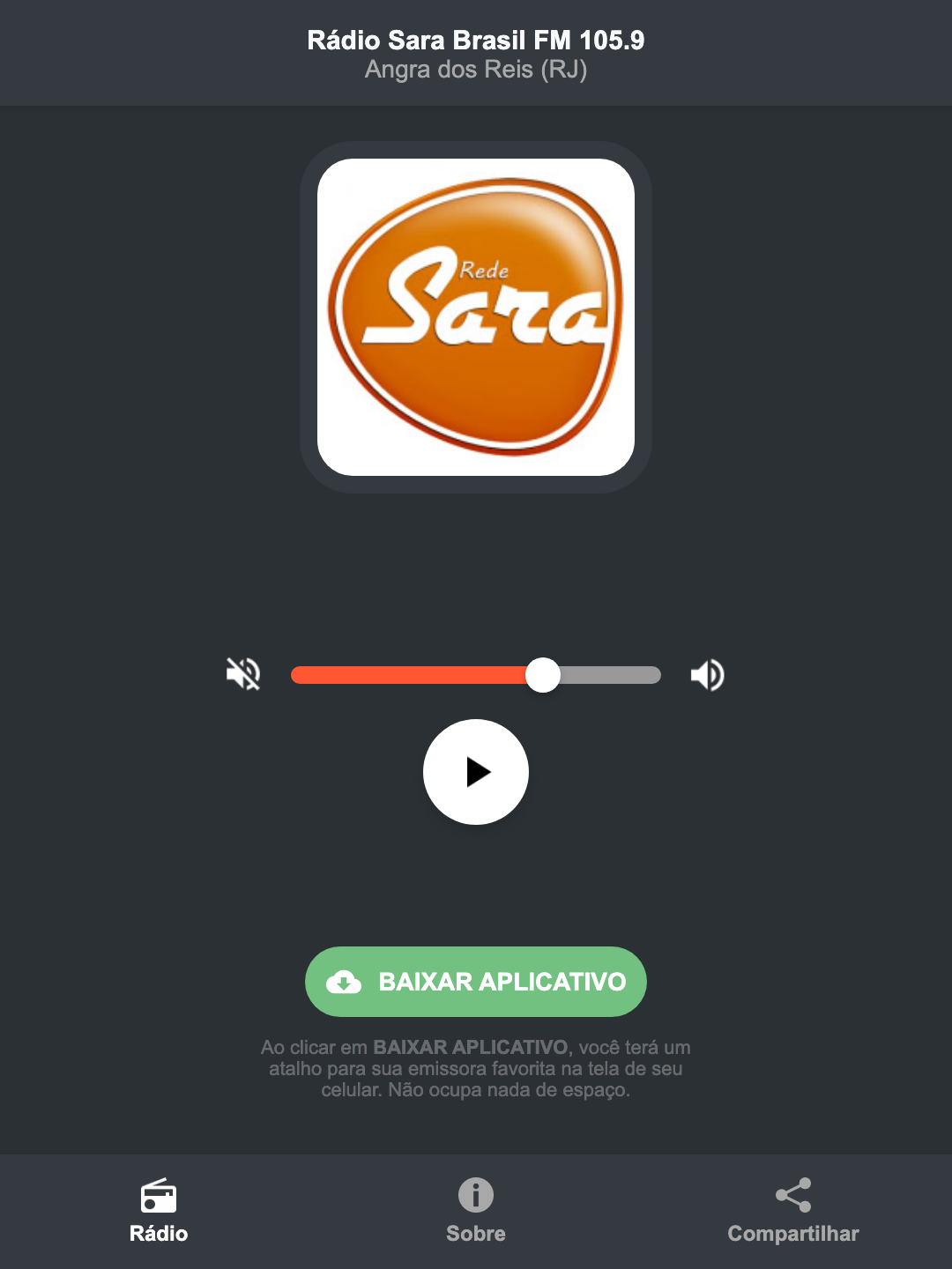 Screenshot do aplicativo da Rádio Sara Brasil FM 105.9