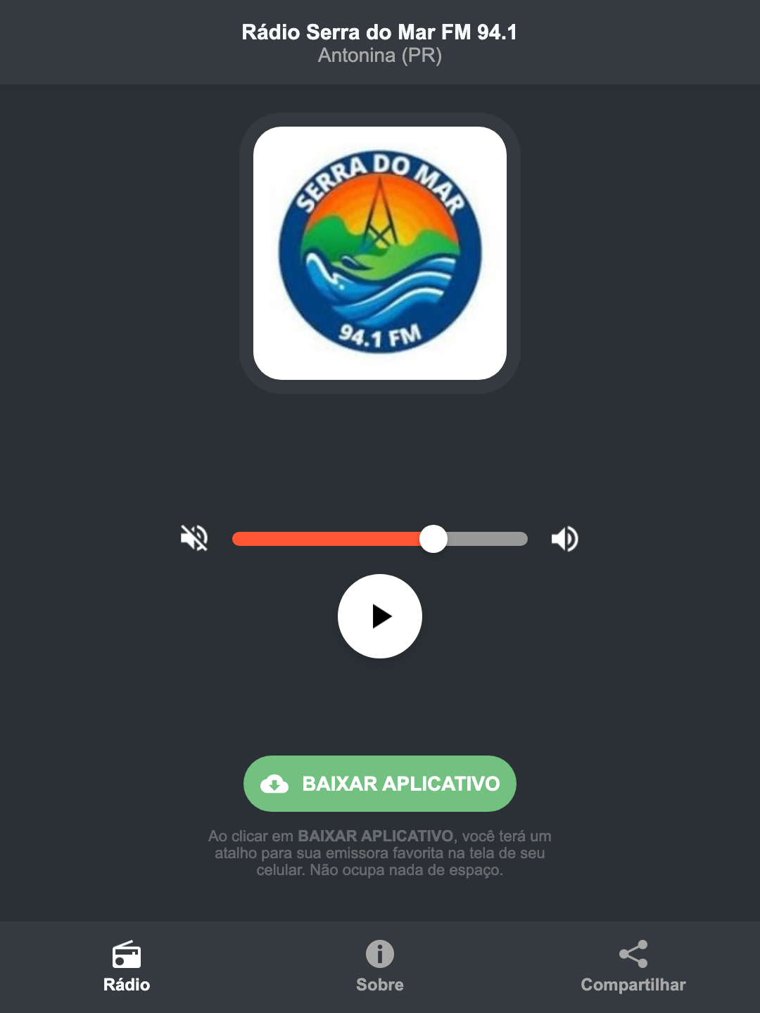Screenshot do aplicativo da Rádio Serra do Mar FM 94.1