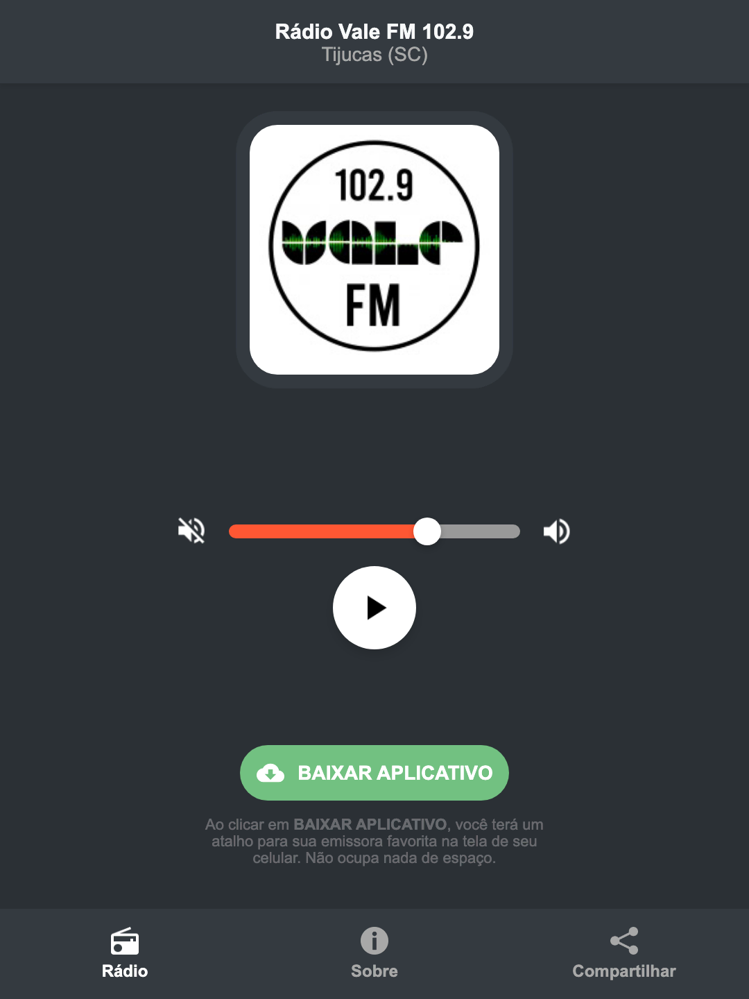 Screenshot do aplicativo da Rádio Vale FM 102.9