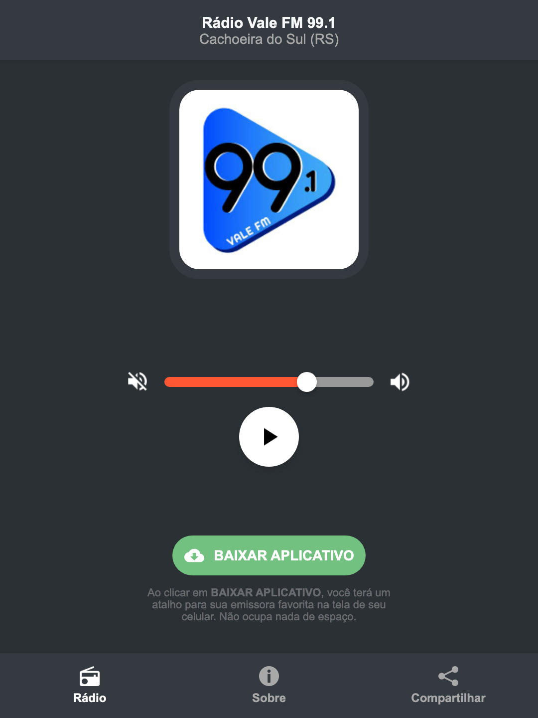 Screenshot do aplicativo da Rádio Vale FM 99.1