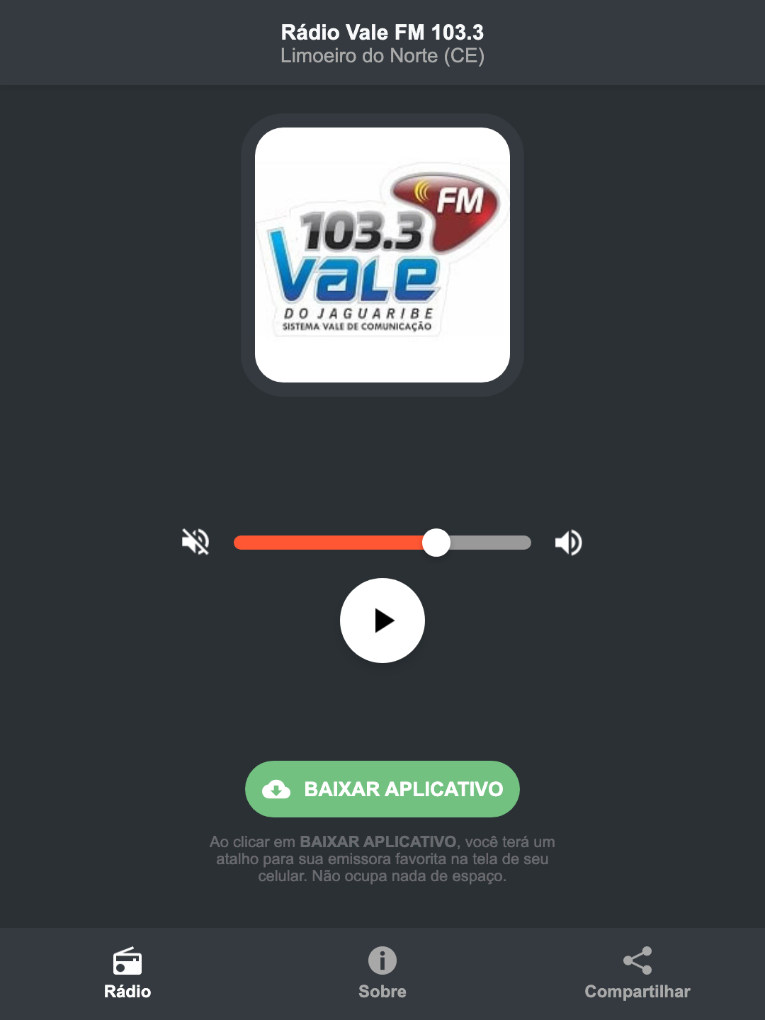 Screenshot do aplicativo da Rádio Vale FM 103.3