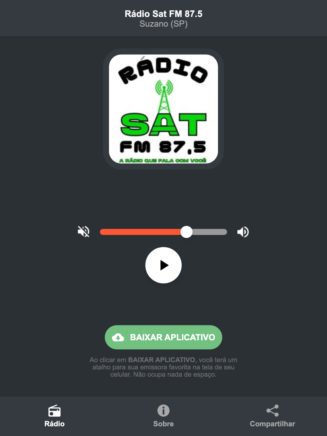 Screenshot do aplicativo da Rádio Sat FM 87.5