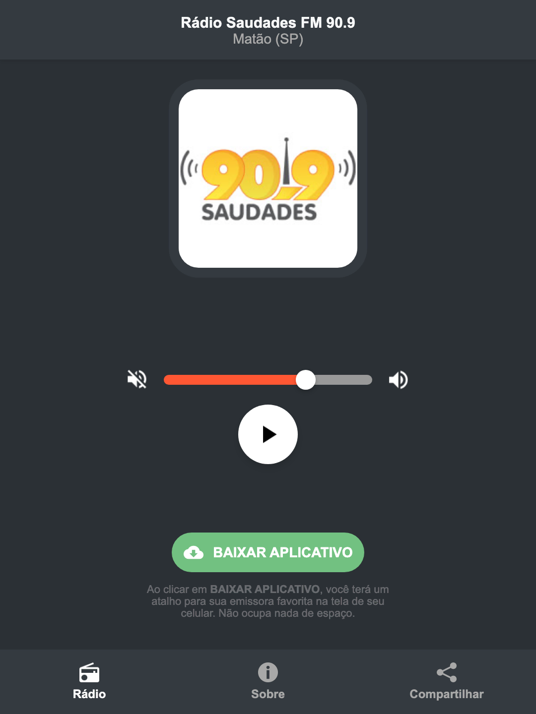 Screenshot do aplicativo da Rádio Saudades FM 90.9