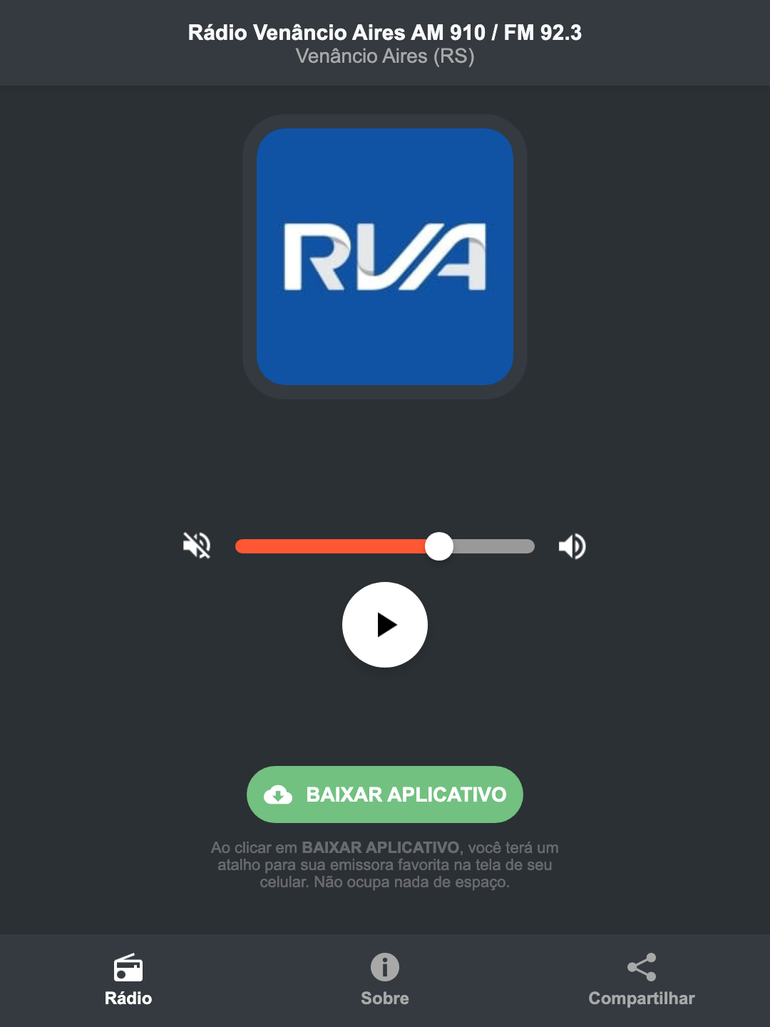 Screenshot do aplicativo da Rádio Venâncio Aires AM 910 / FM 92.3