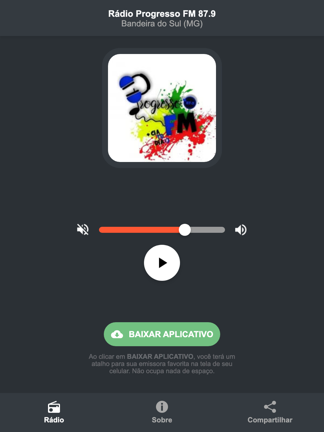 Screenshot do aplicativo da Rádio Progresso FM 87.9