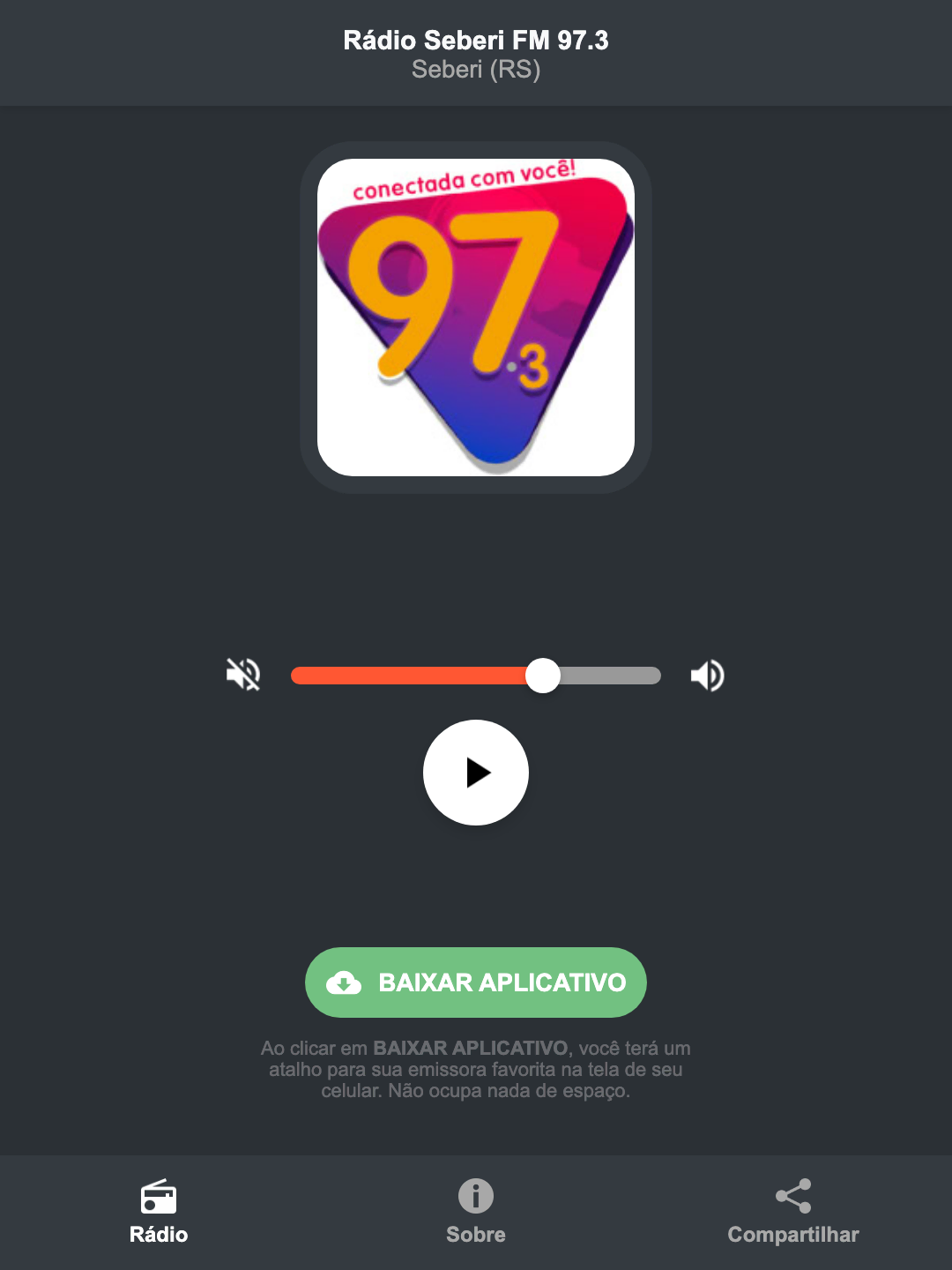 Screenshot do aplicativo da Rádio Seberi FM 97.3