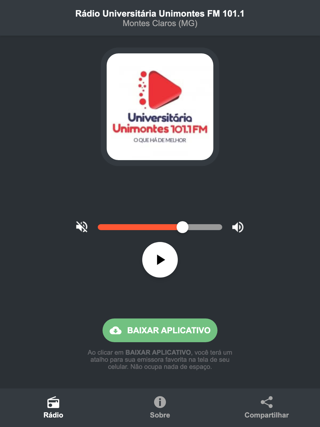 Screenshot do aplicativo da Rádio Universitária Unimontes FM 101.1
