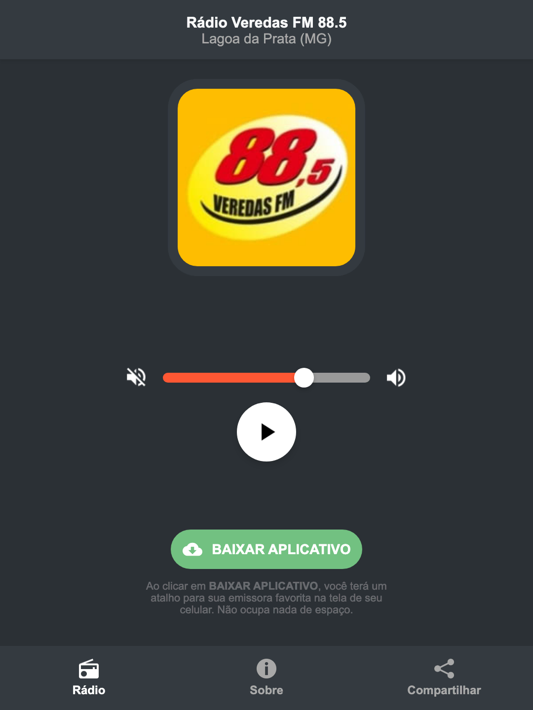 Screenshot do aplicativo da Rádio Veredas FM 88.5
