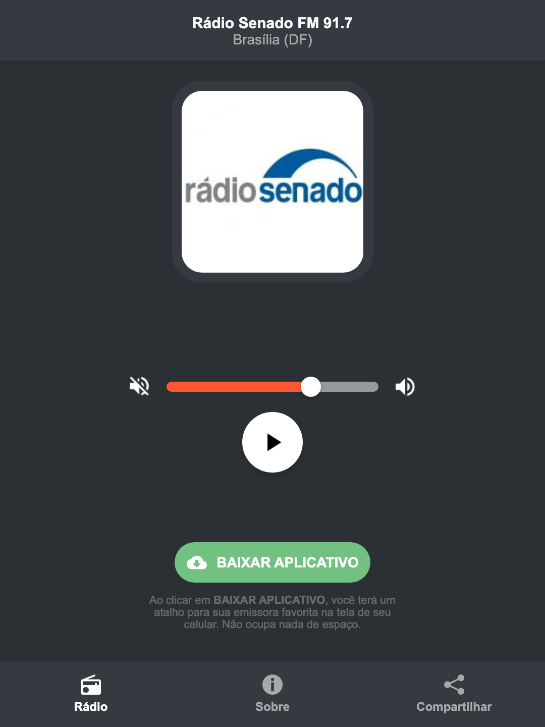 Screenshot do aplicativo da Rádio Senado FM 91.7