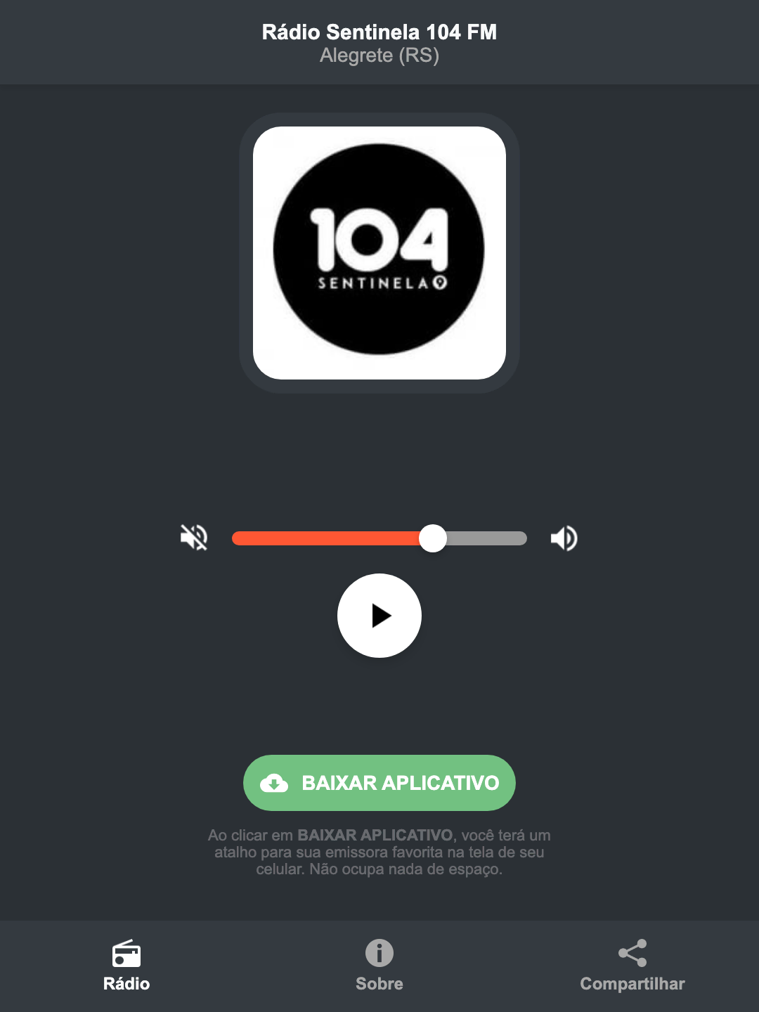 Screenshot do aplicativo da Rádio Sentinela 104 FM