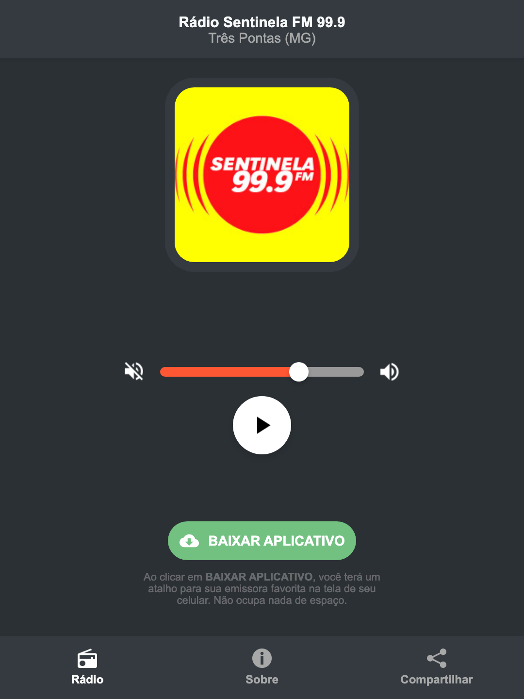 Screenshot do aplicativo da Rádio Sentinela FM 99.9