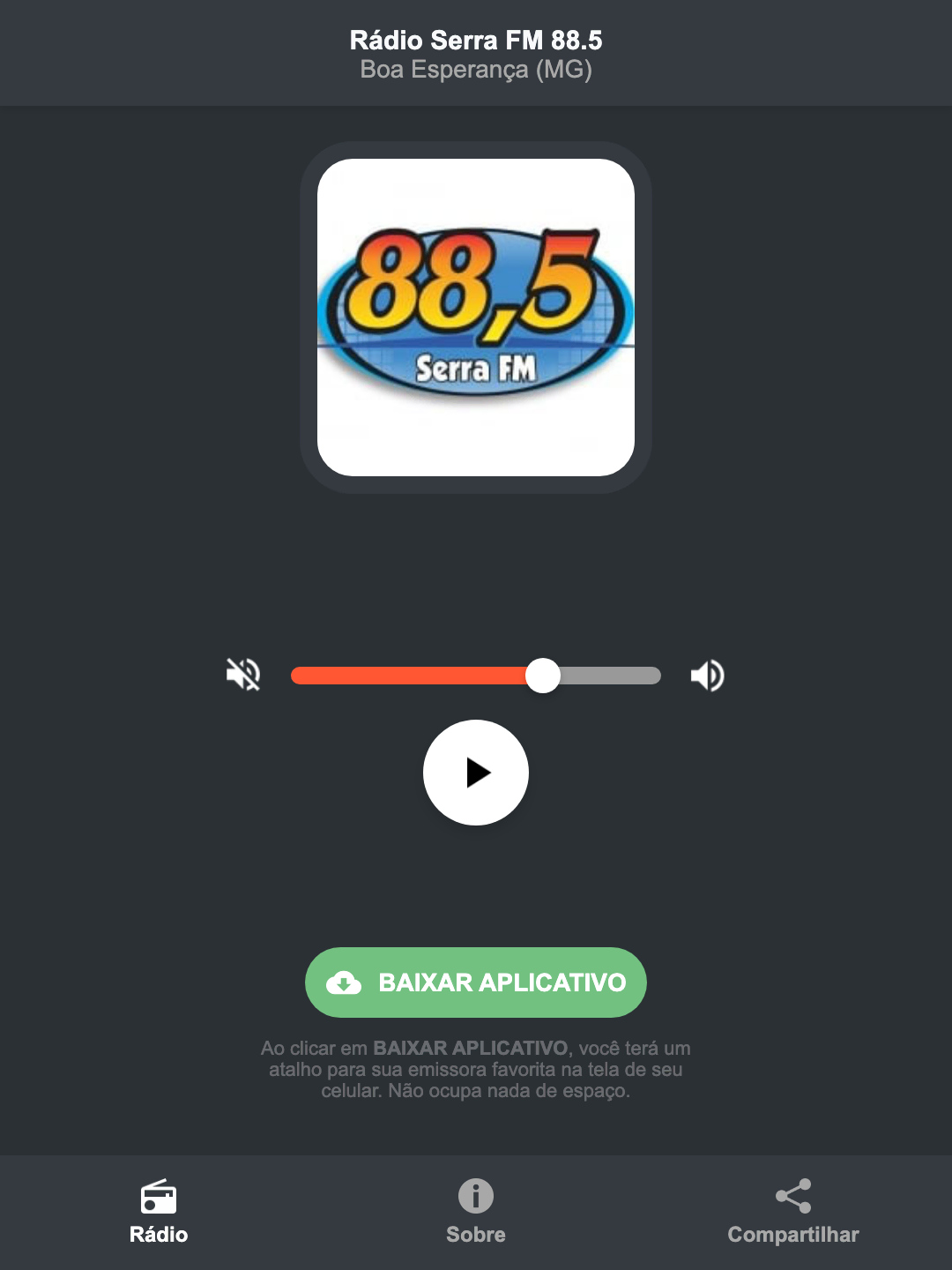 Screenshot do aplicativo da Rádio Serra FM 88.5