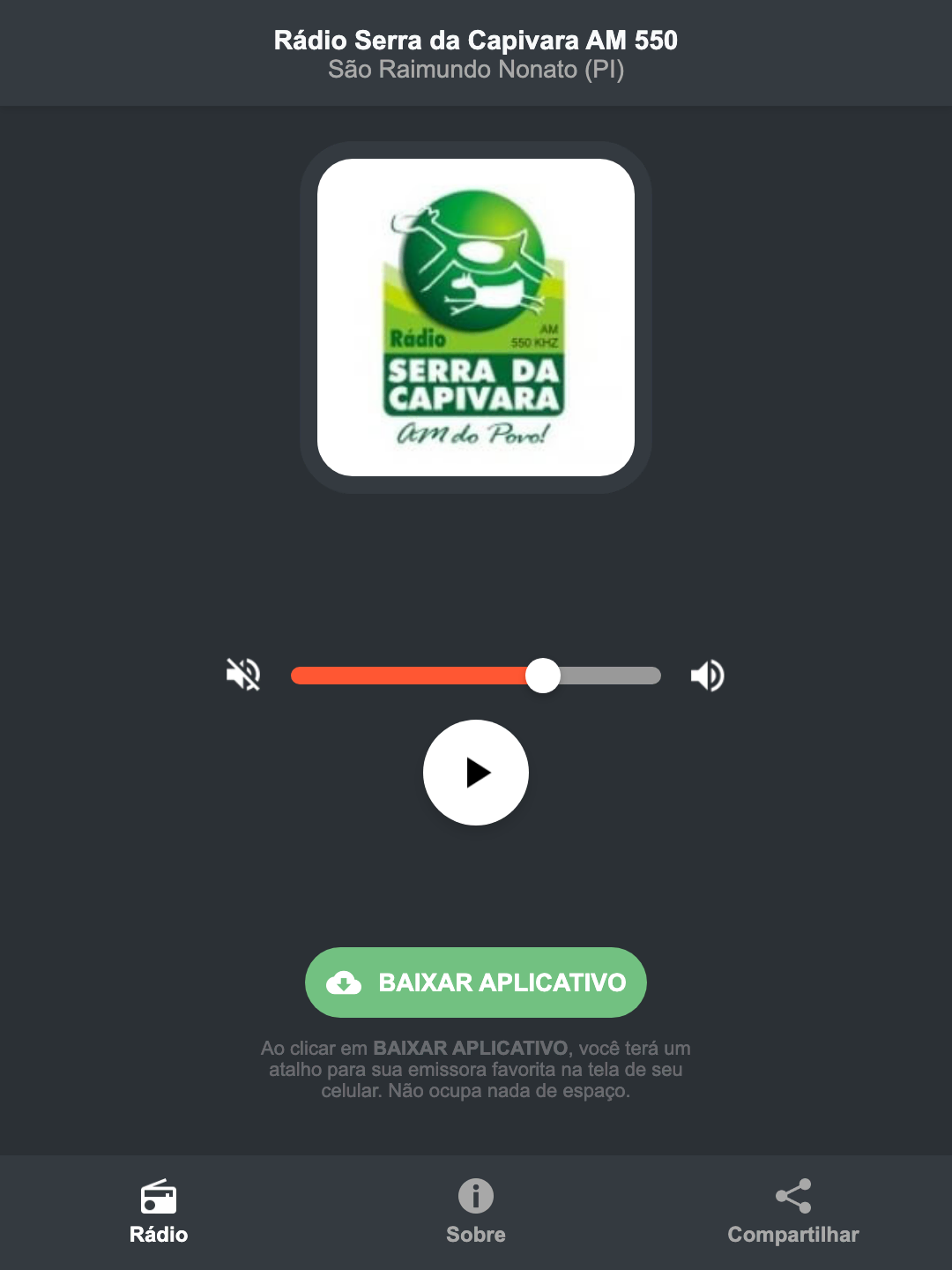 Screenshot do aplicativo da Rádio Serra da Capivara AM 550