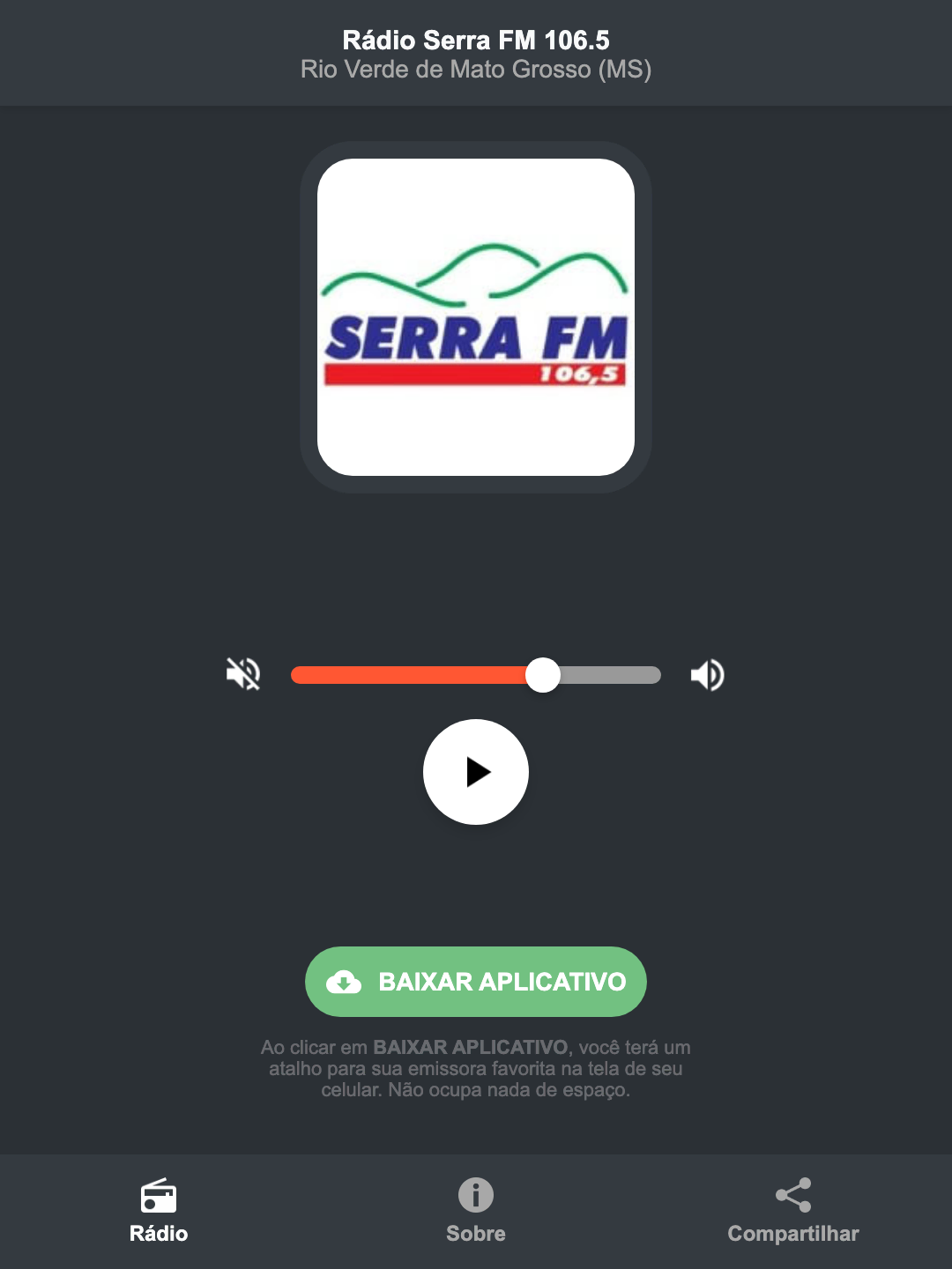 Screenshot do aplicativo da Rádio Serra FM 106.5