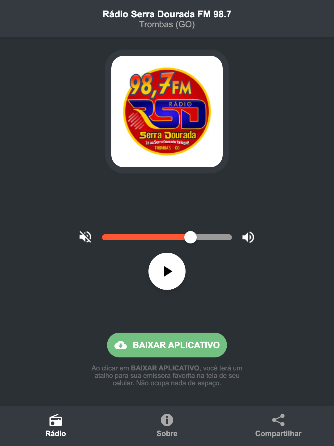 Screenshot do aplicativo da Rádio Serra Dourada FM 98.7