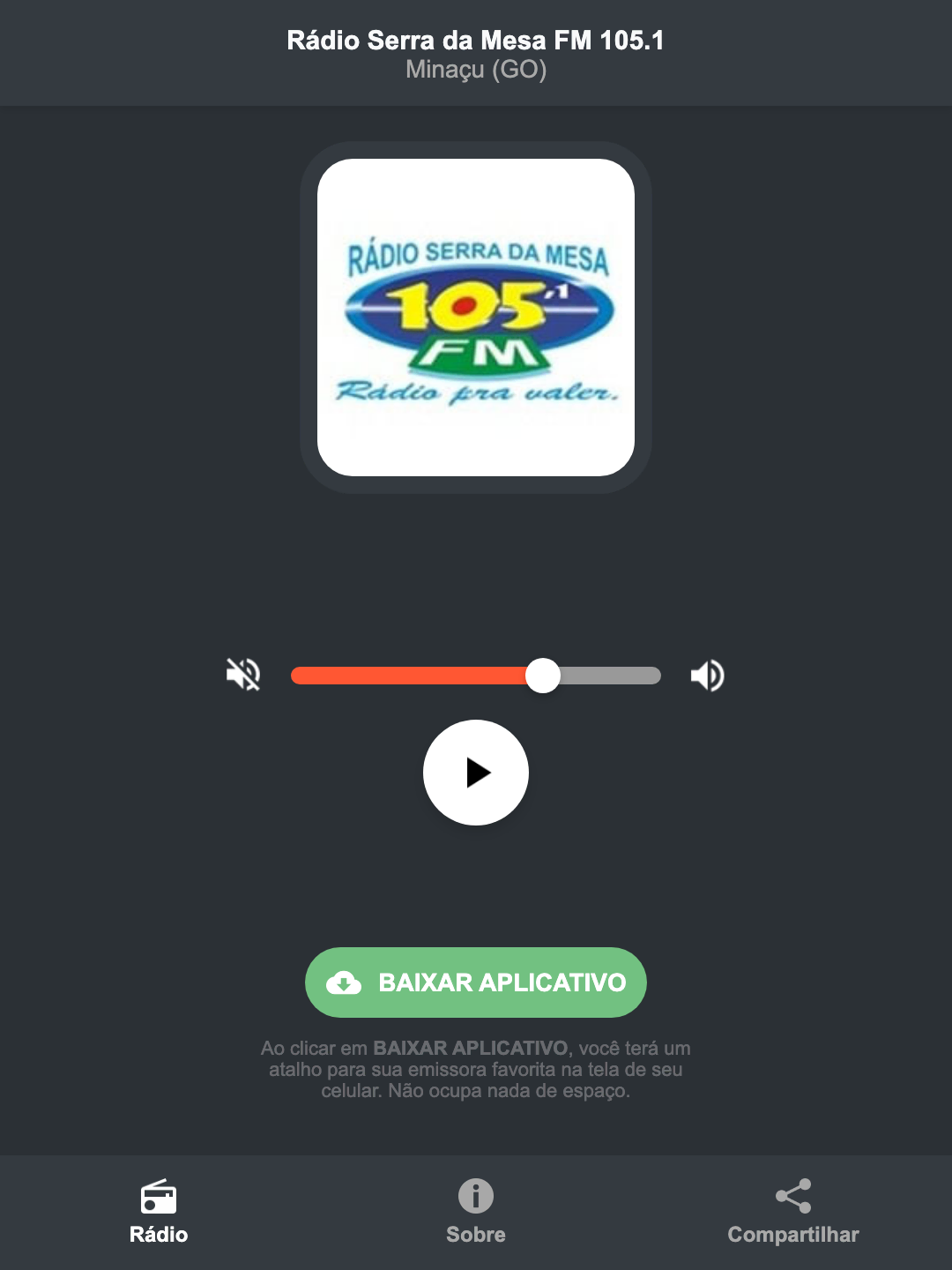 Screenshot do aplicativo da Rádio Serra da Mesa FM 105.1
