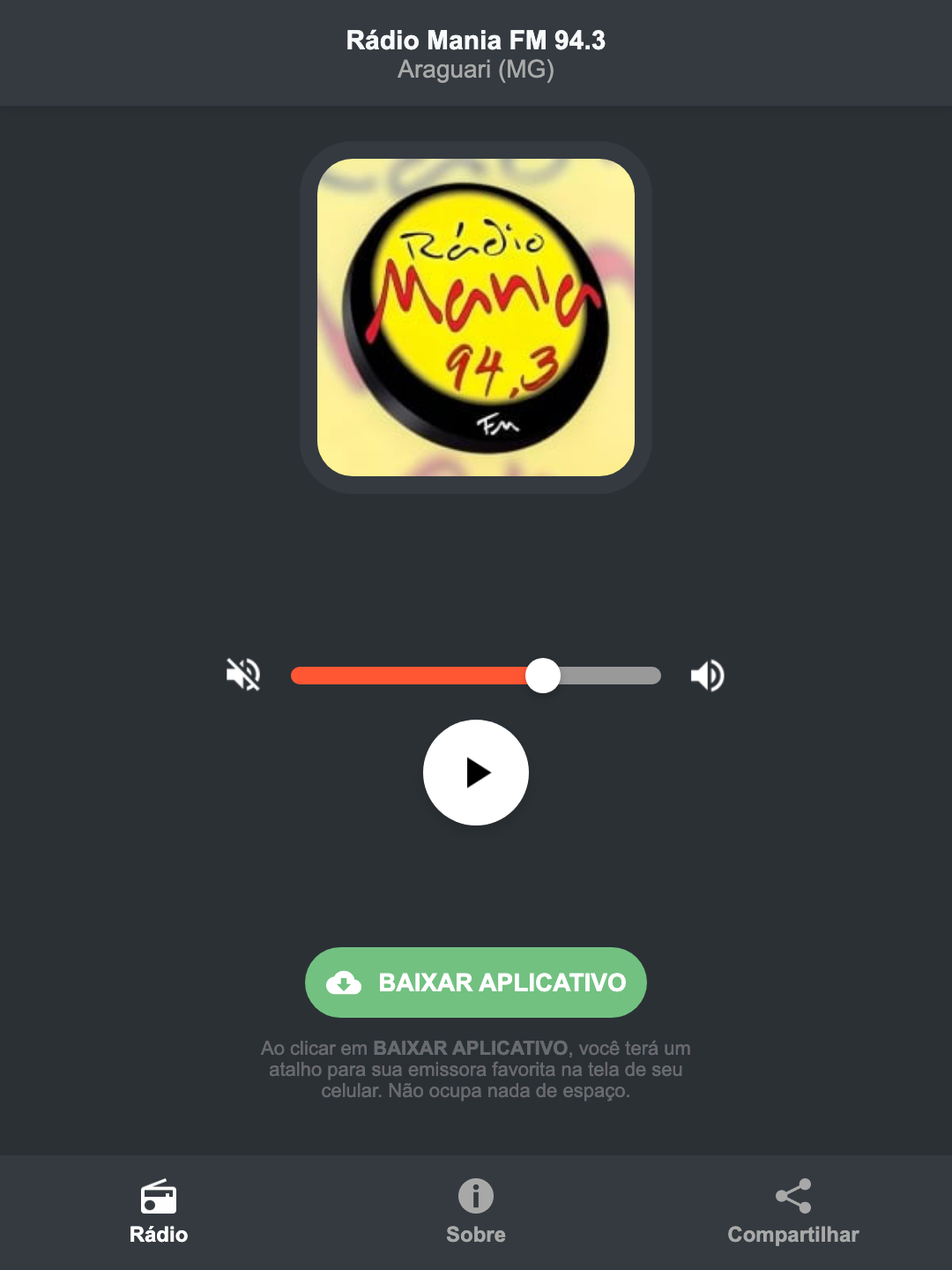 Screenshot do aplicativo da Rádio Mania FM 94.3