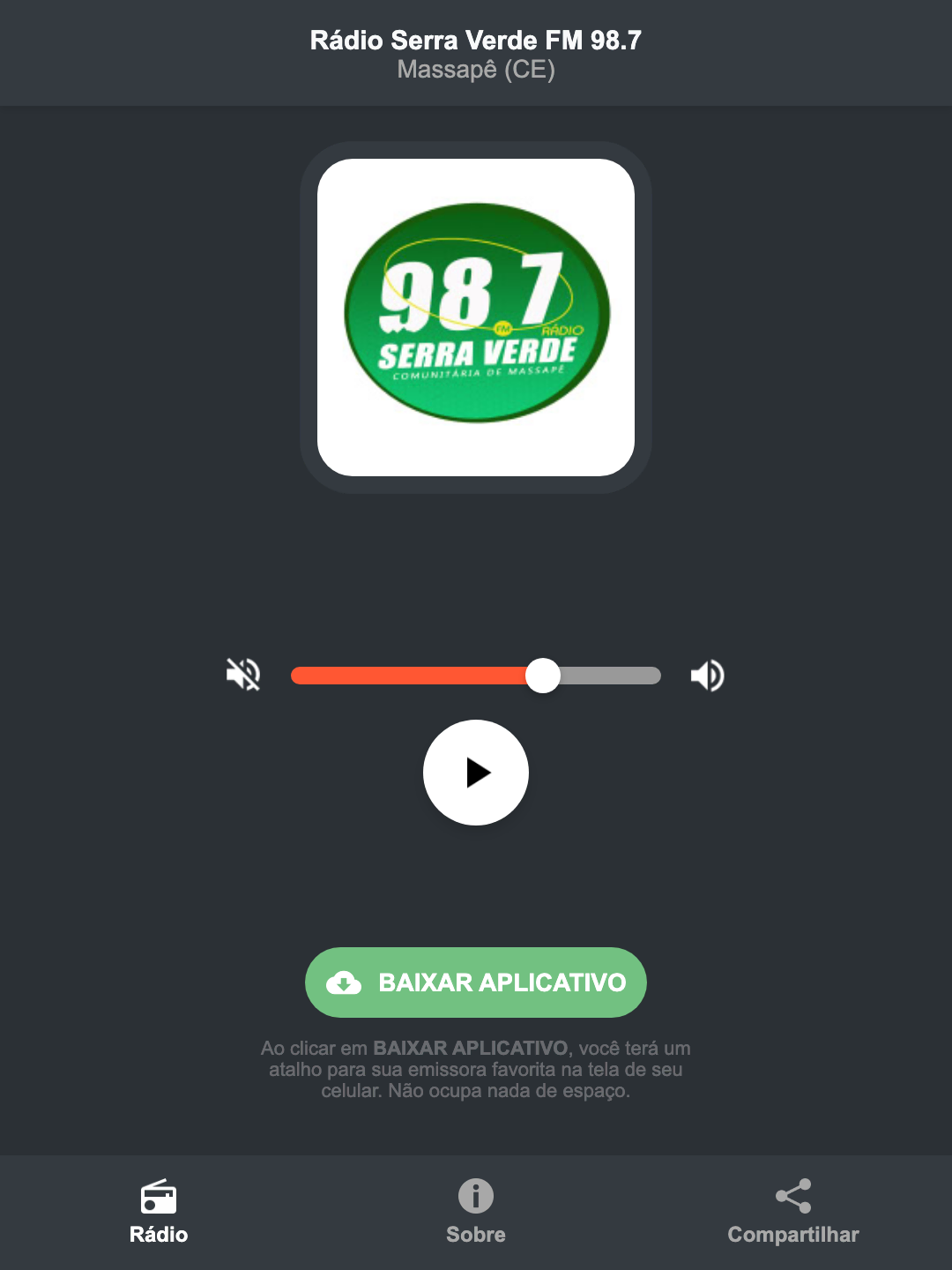 Screenshot do aplicativo da Rádio Serra Verde FM 98.7