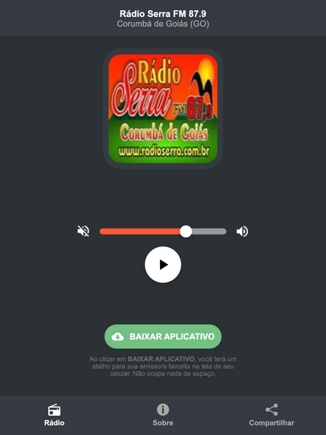 Screenshot do aplicativo da Rádio Serra FM 87.9