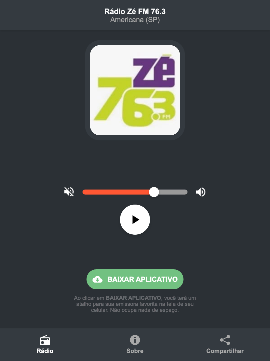 Screenshot do aplicativo da Rádio Zé FM 76.3