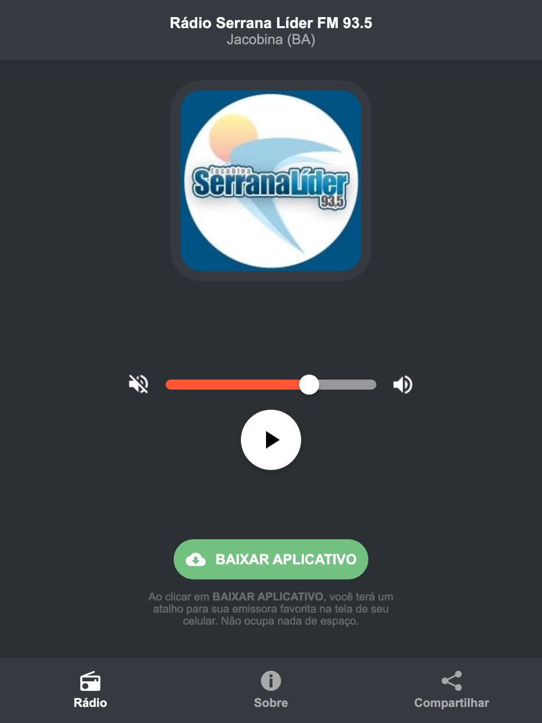 Screenshot do aplicativo da Rádio Serrana Líder FM 93.5