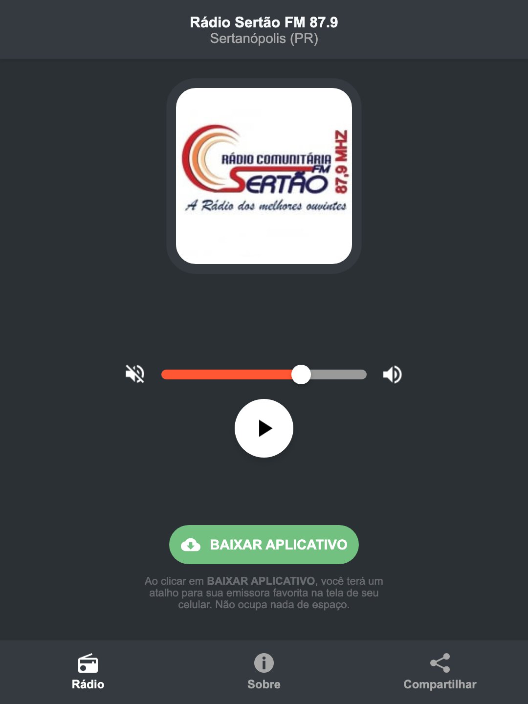 Screenshot do aplicativo da Rádio Sertão FM 87.9