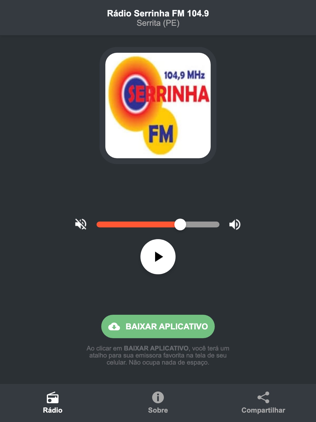 Screenshot do aplicativo da Rádio Serrinha FM 104.9