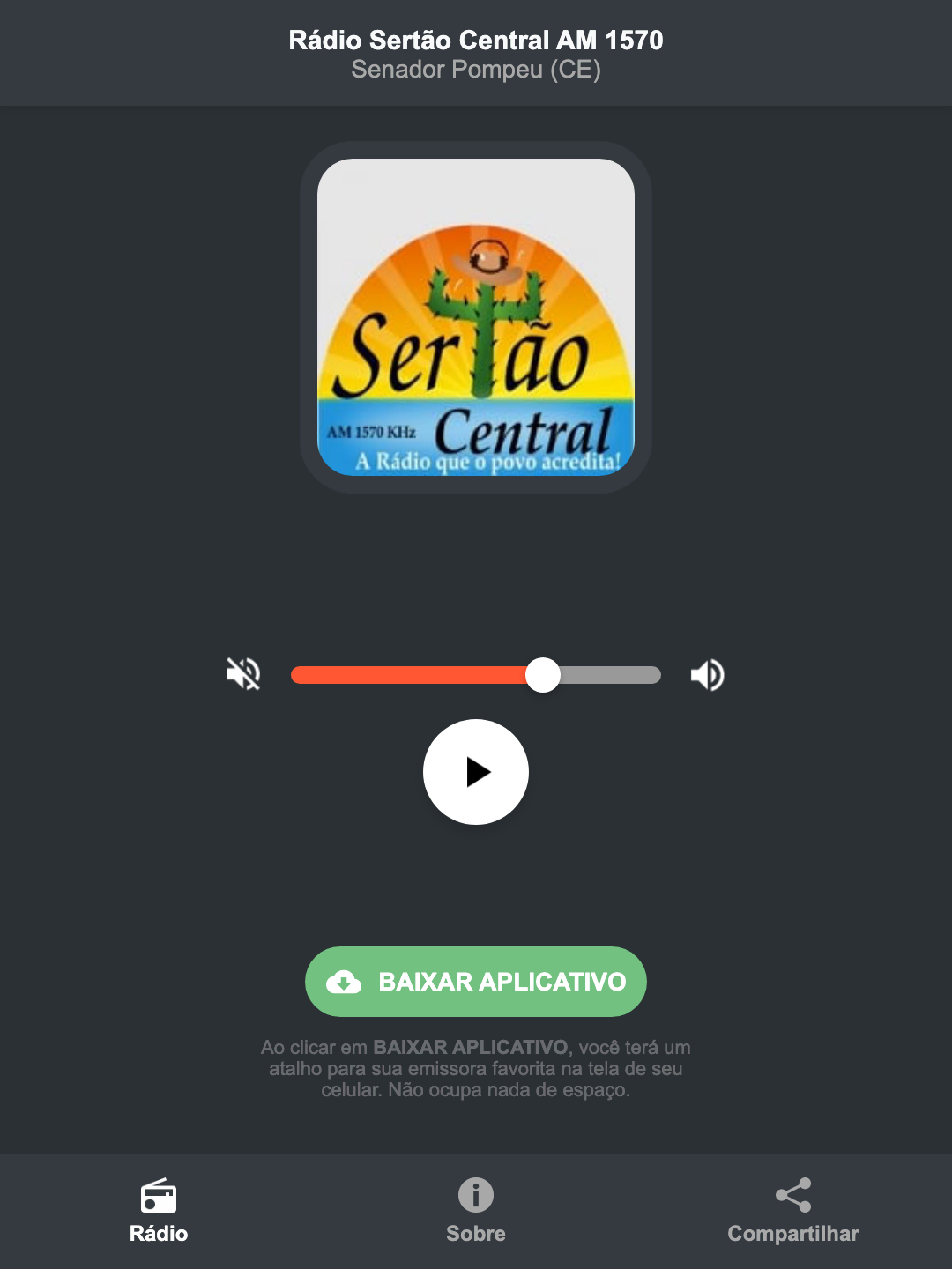 Screenshot do aplicativo da Rádio Sertão Central AM 1570