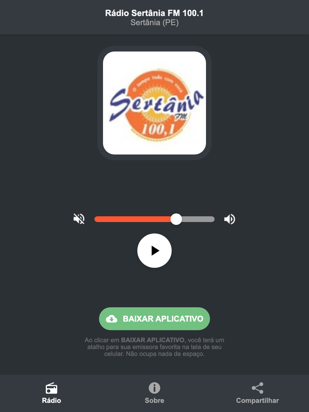 Screenshot do aplicativo da Rádio Sertânia FM 100.1