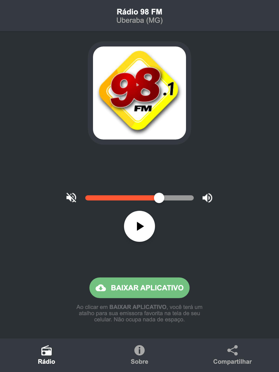 Screenshot do aplicativo da Rádio 98 FM