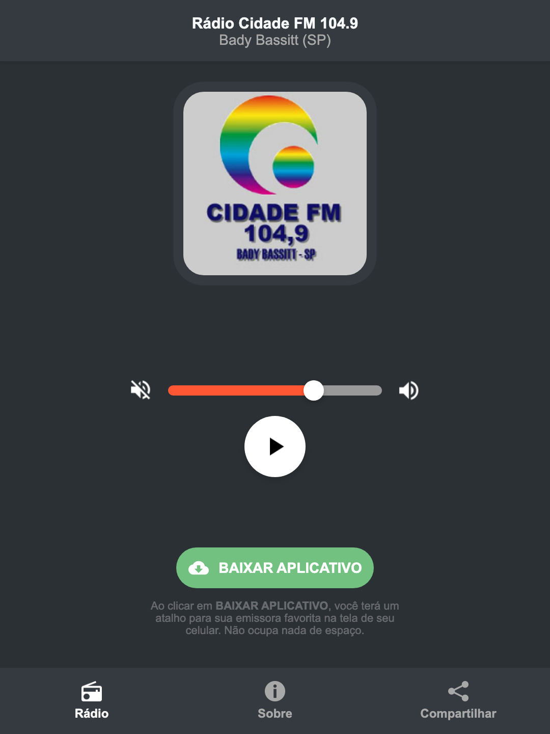 Screenshot do aplicativo da Rádio Cidade FM 104.9