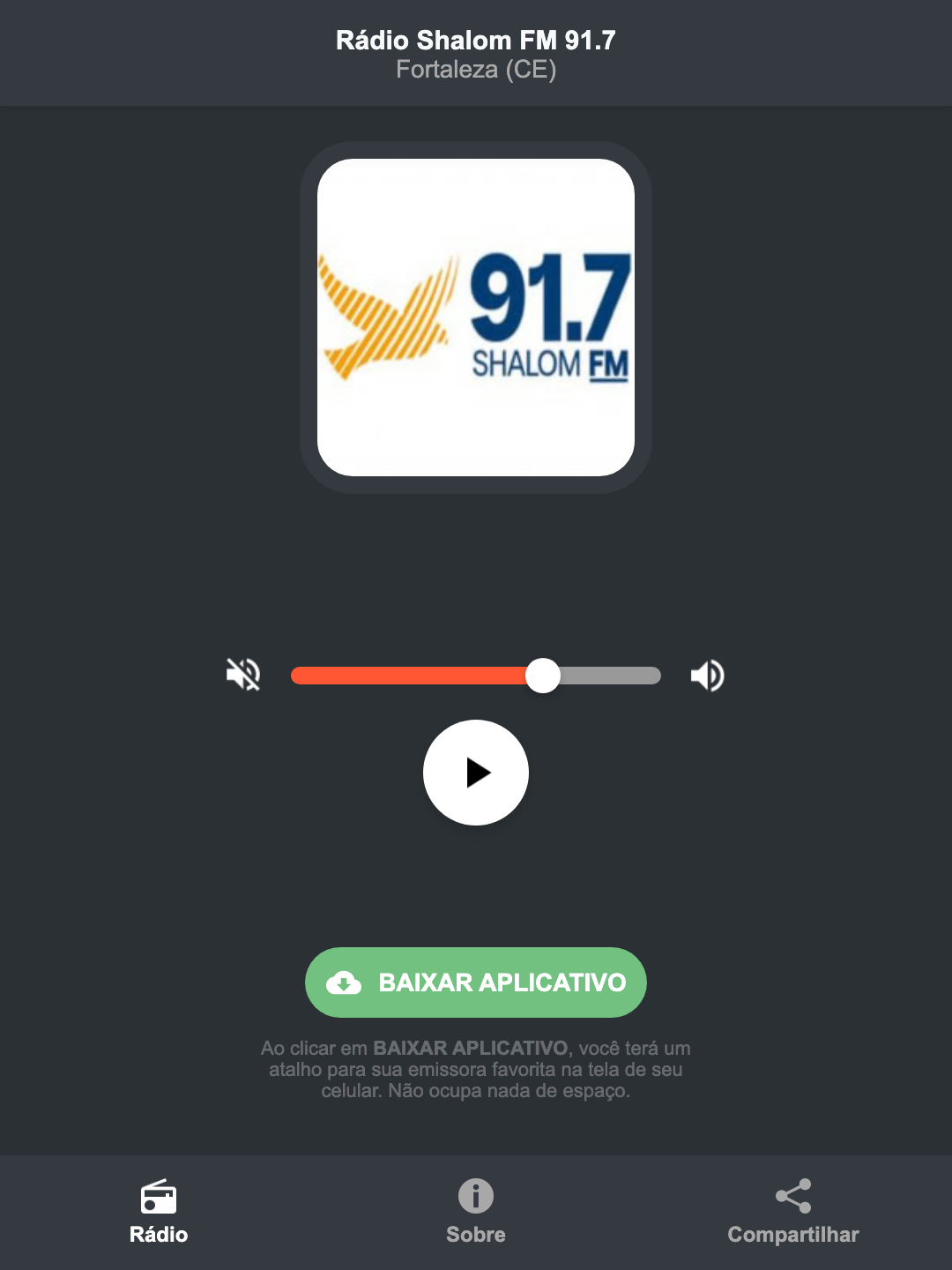 Screenshot do aplicativo da Rádio Shalom FM 91.7