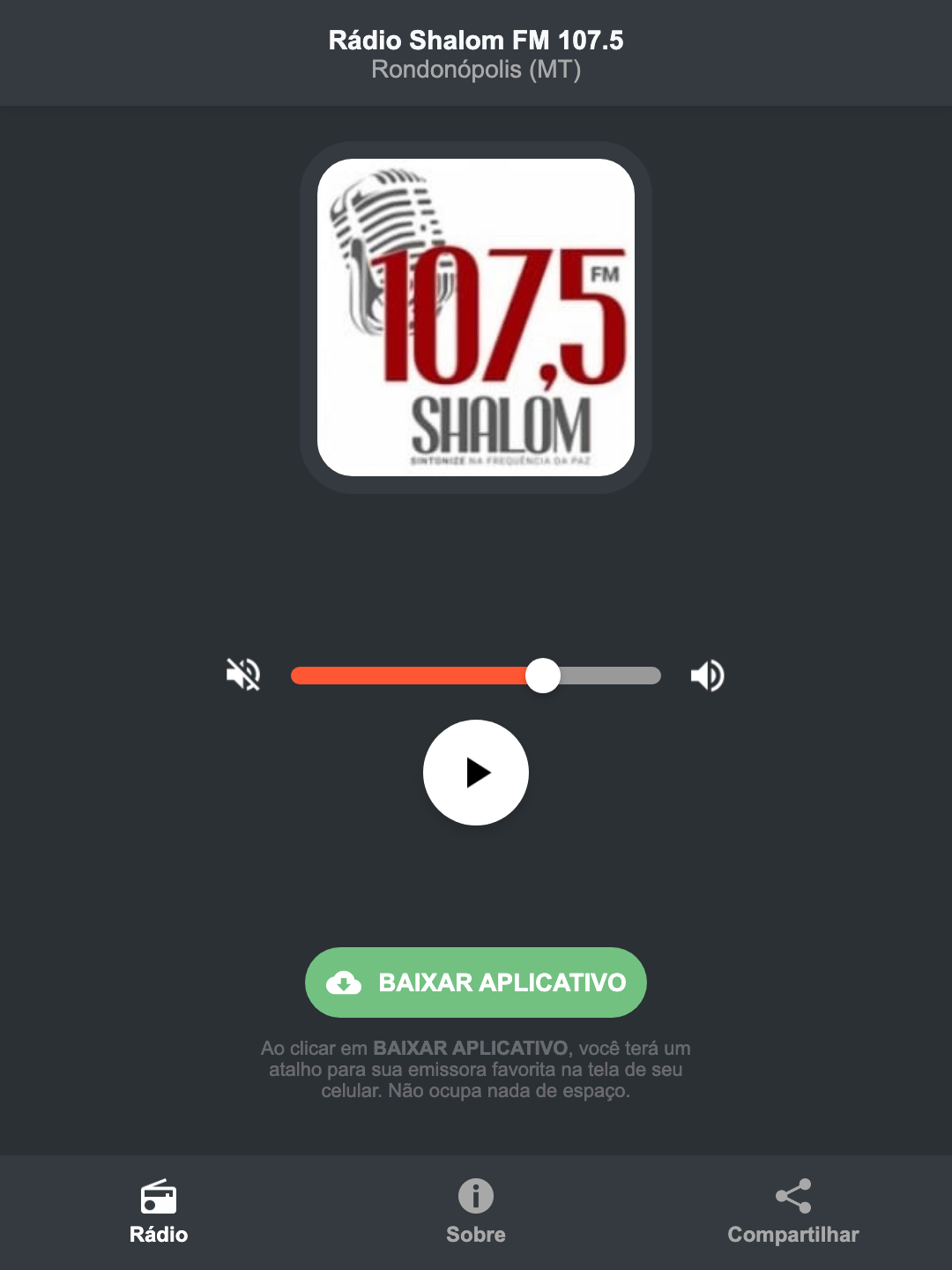 Screenshot do aplicativo da Rádio Shalom FM 107.5