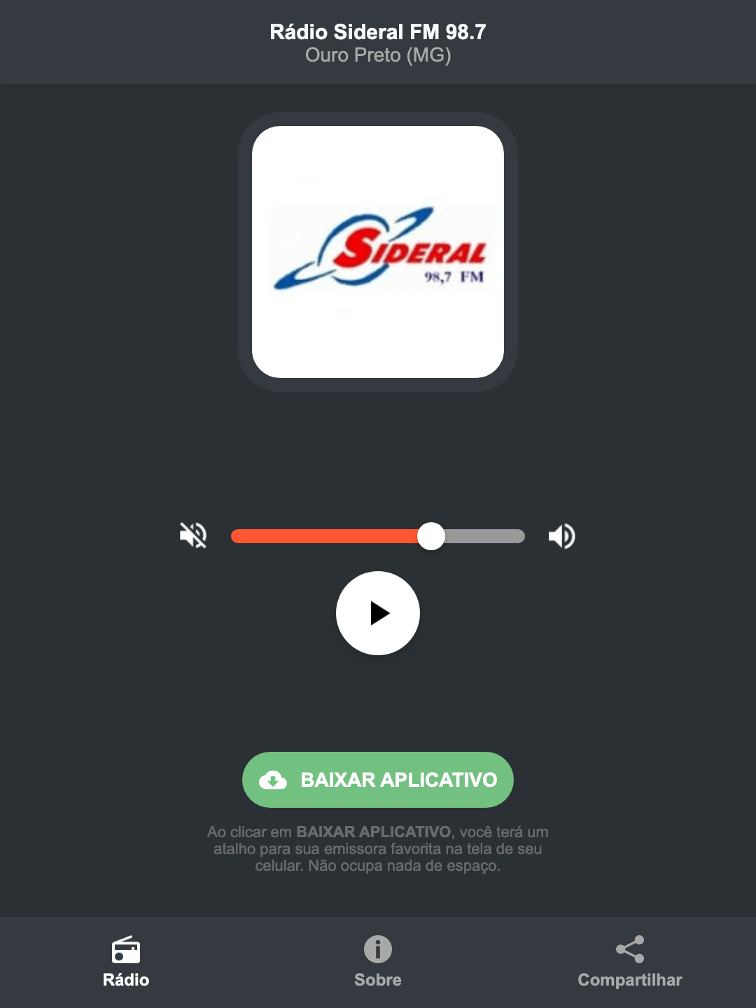 Screenshot do aplicativo da Rádio Sideral FM 98.7