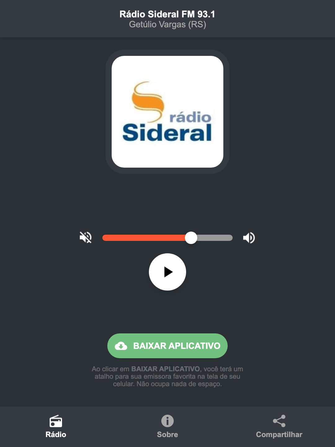 Screenshot do aplicativo da Rádio Sideral FM 93.1