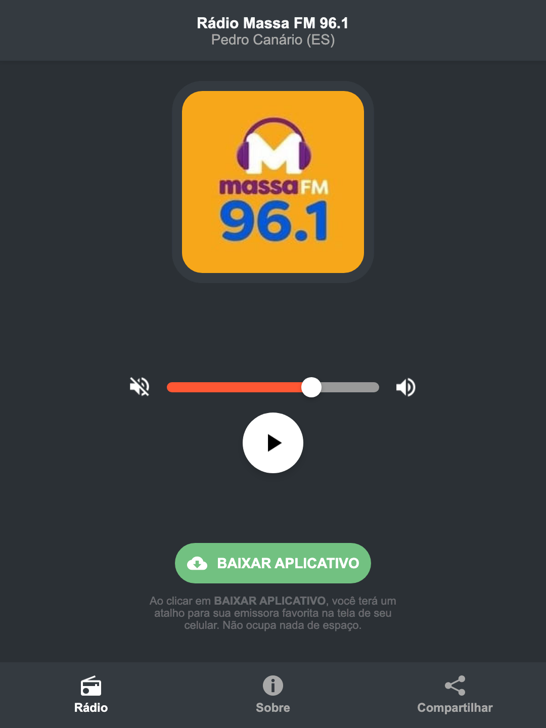 Screenshot do aplicativo da Rádio Massa FM 96.1