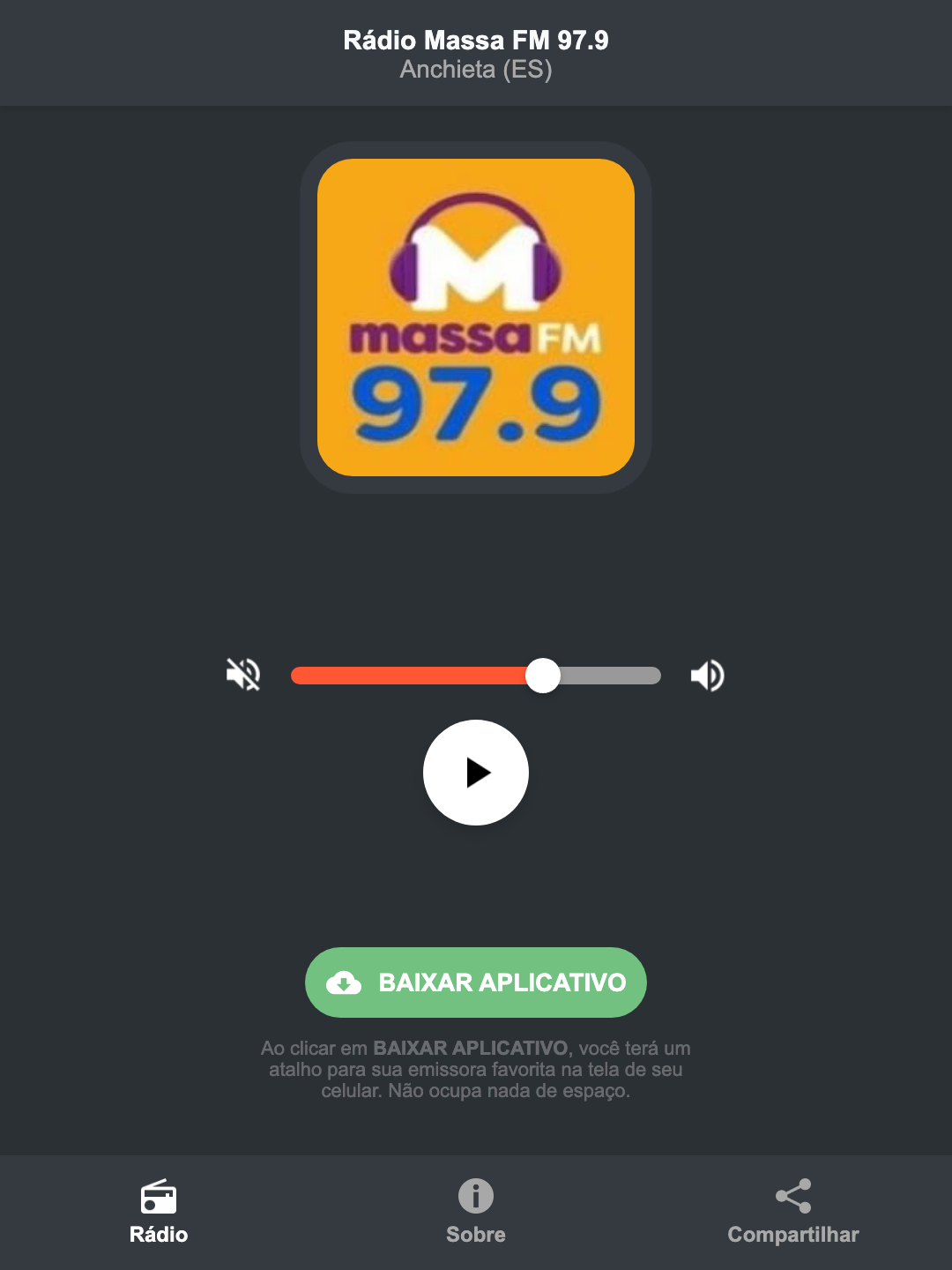 Screenshot do aplicativo da Rádio Massa FM 97.9