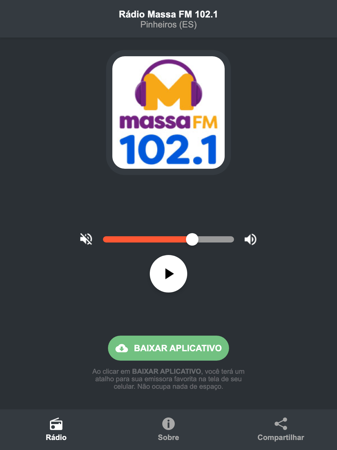 Screenshot do aplicativo da Rádio Massa FM 102.1