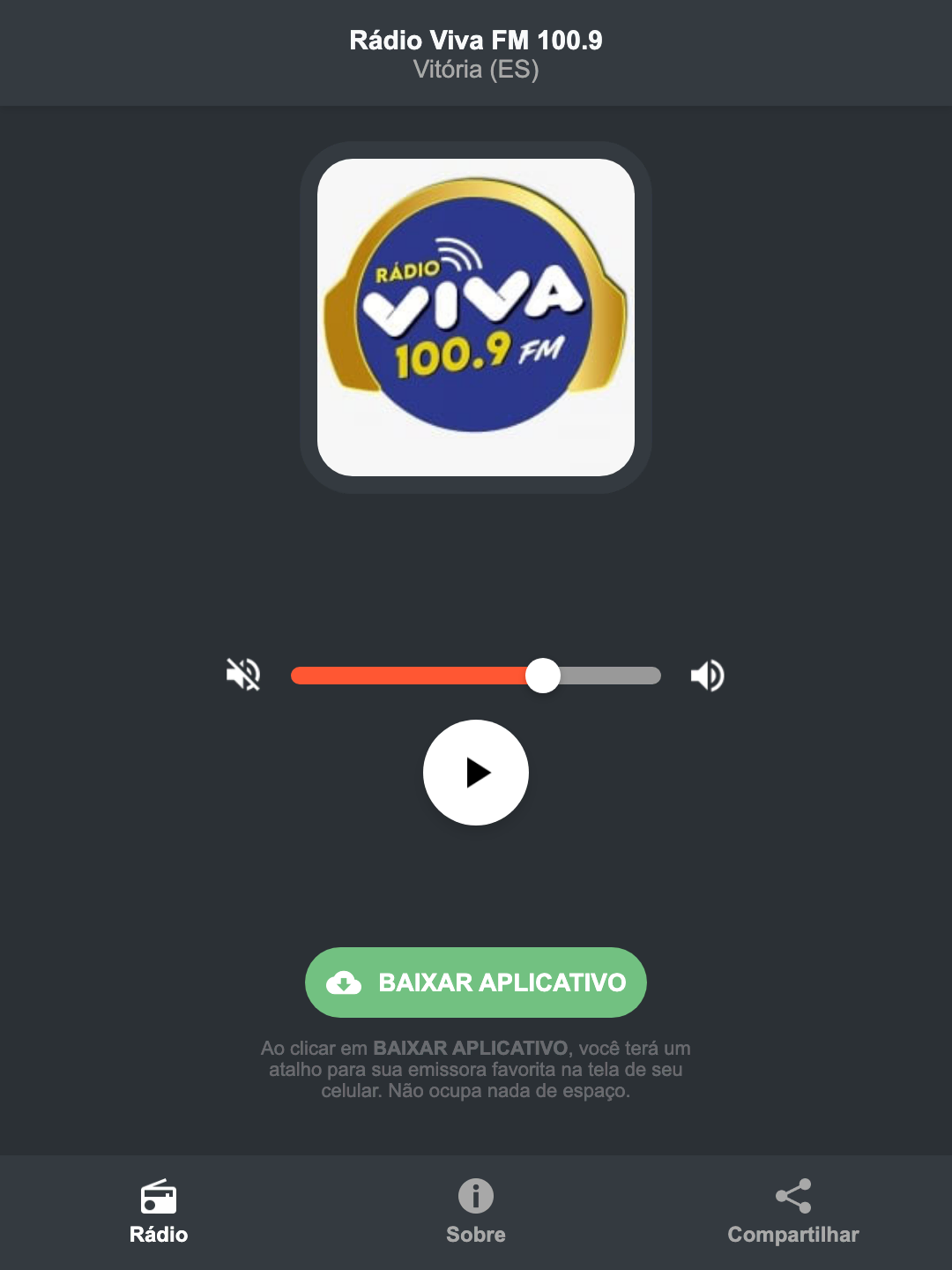 Screenshot do aplicativo da Rádio Viva FM 100.9