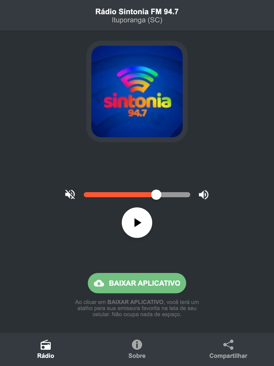 Screenshot do aplicativo da Rádio Sintonia FM 94.7