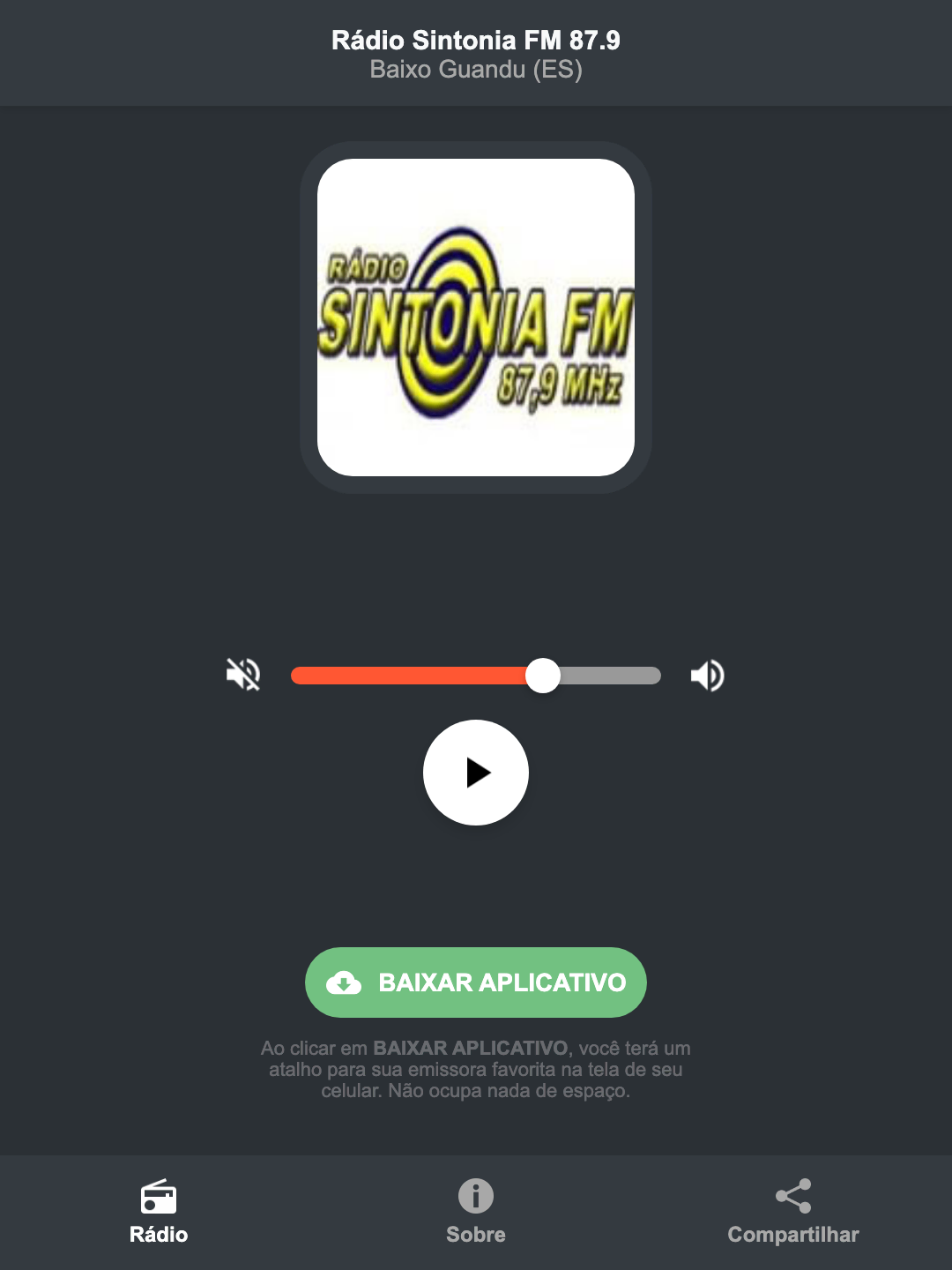 Screenshot do aplicativo da Rádio Sintonia FM 87.9