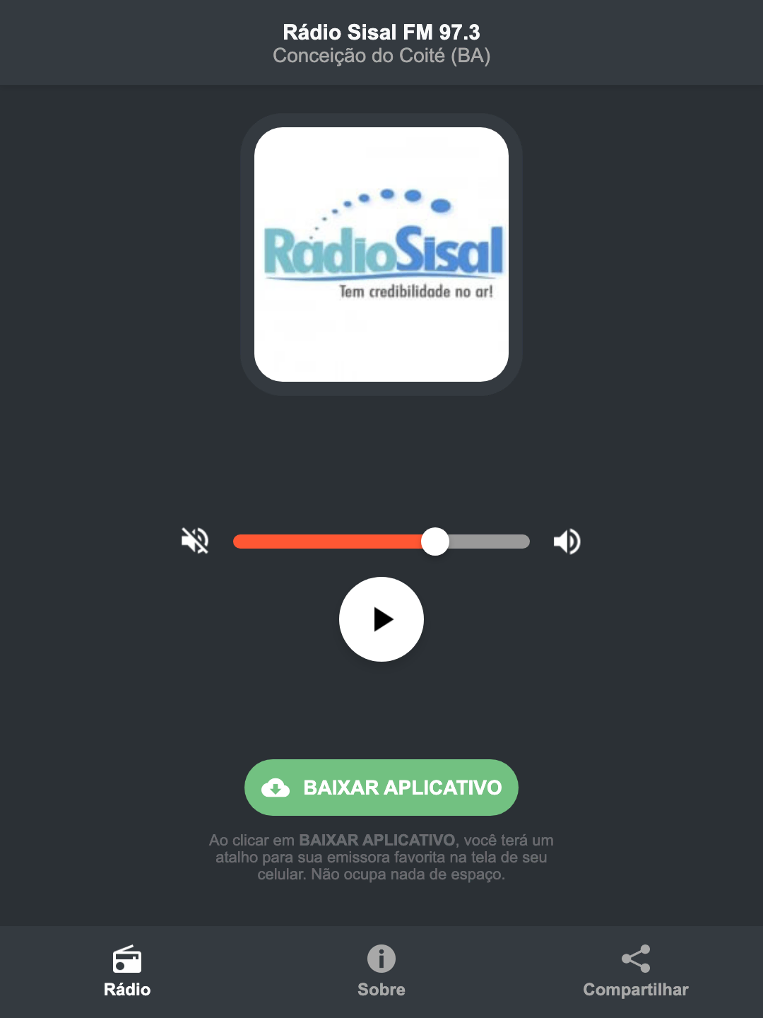 Screenshot do aplicativo da Rádio Sisal FM 97.3