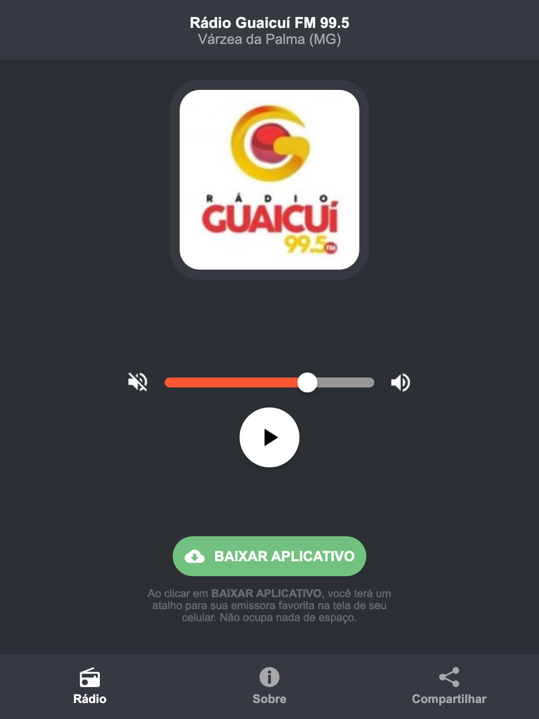 Screenshot do aplicativo da Rádio Guaicuí FM 99.5
