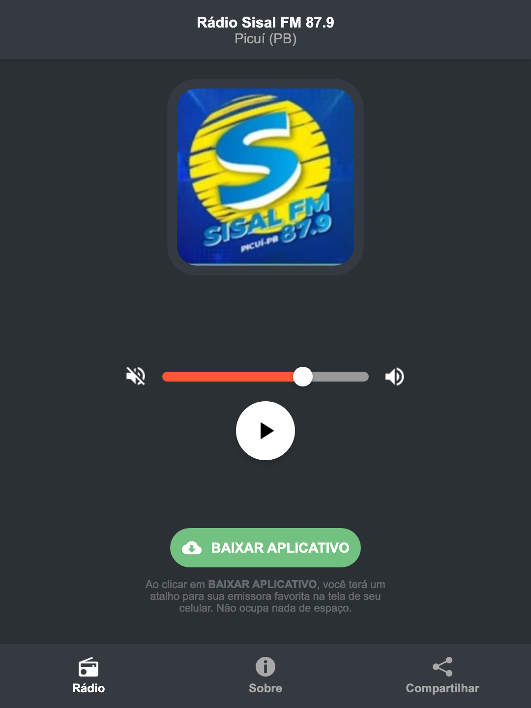 Screenshot do aplicativo da Rádio Sisal FM 87.9