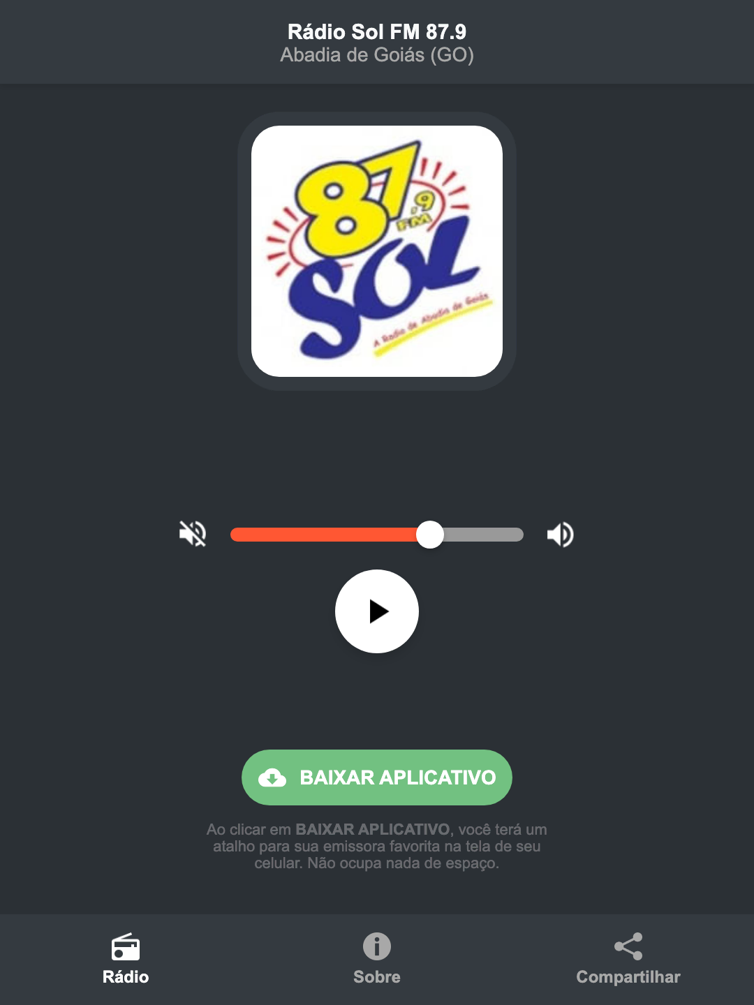 Screenshot do aplicativo da Rádio Sol FM 87.9