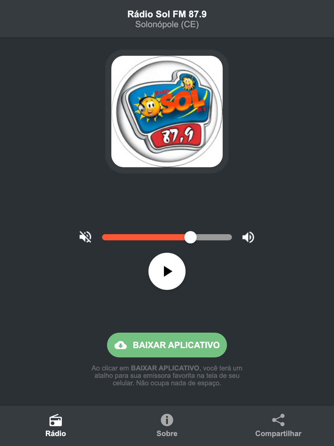 Screenshot do aplicativo da Rádio Sol FM 87.9