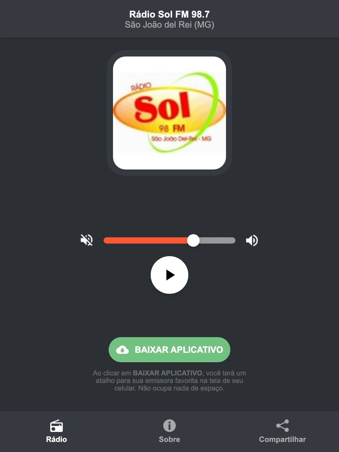 Screenshot do aplicativo da Rádio Sol FM 98.7