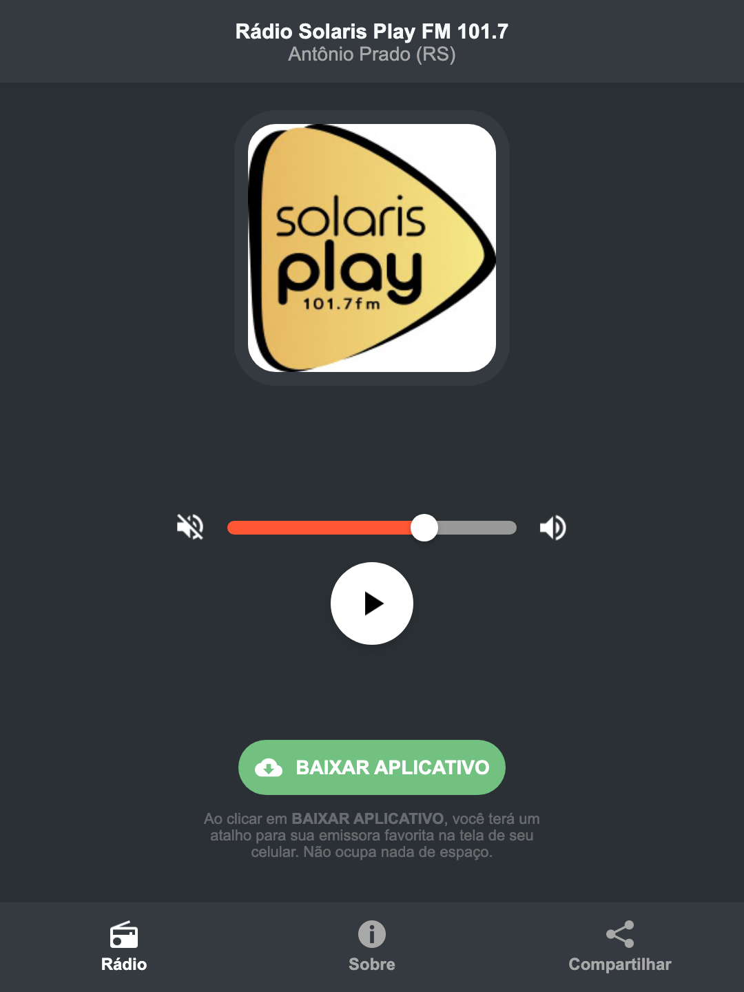 Screenshot do aplicativo da Rádio Solaris Play FM 101.7