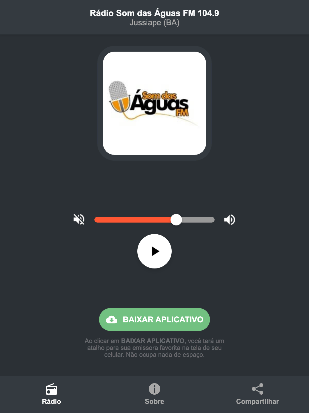 Screenshot do aplicativo da Rádio Som das Águas FM 104.9